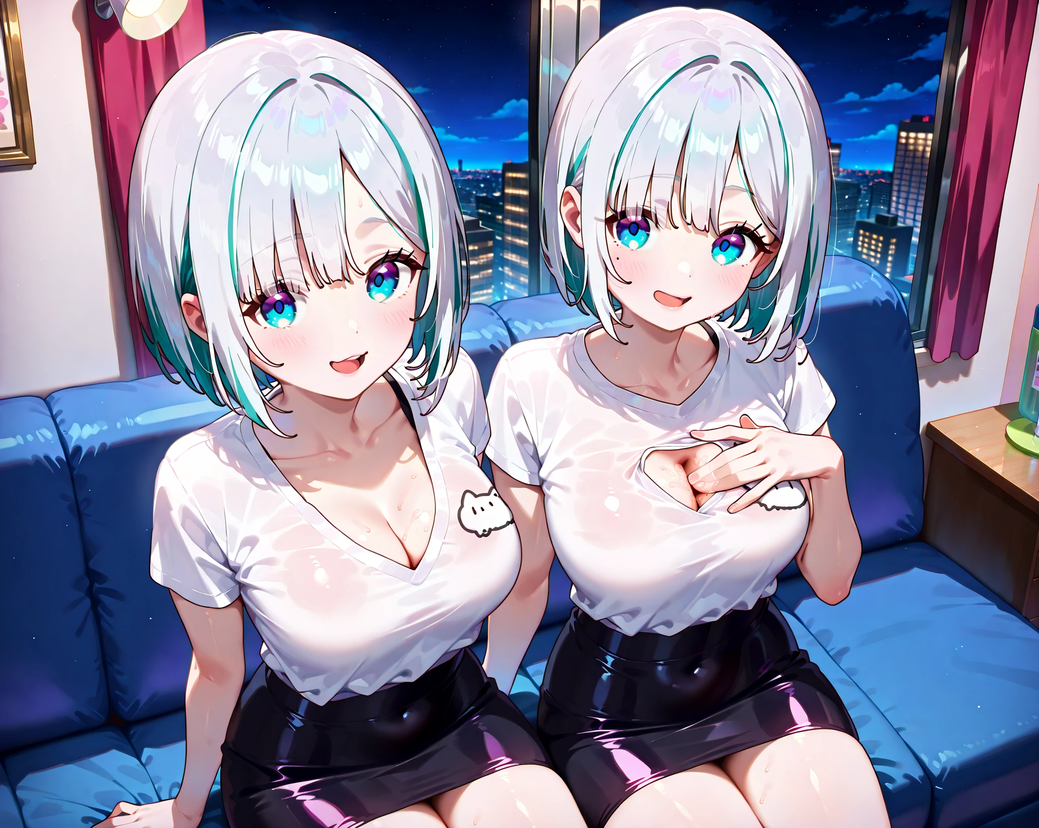 ((2heads)), ((double cleavage)), ((tribreasts)), ((masterpiece, best quality)), (1girl), (solo), (female focus), (ahoge, white hair, short hair), black eyes, light smile, open mouth, ((white shirt), (buttoned shirt), (button gap)), ((black skirt), (short skirt)), standing, white background, arms behind back, dynamic angle