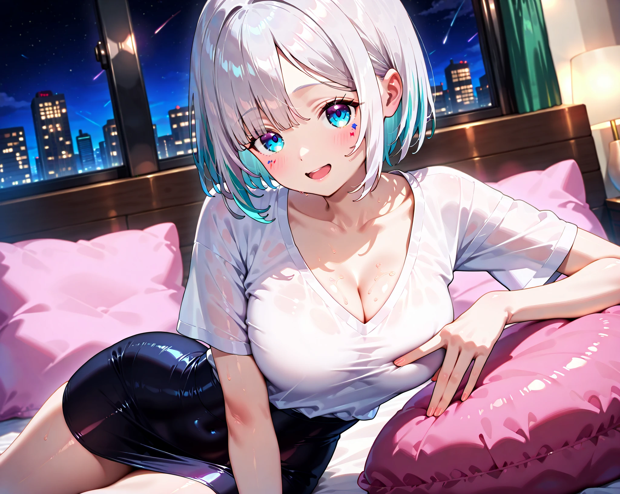 White Hair、Pink Eyes、Short Hair、laughing、Only one girl、alone、Cute、Face is close、Night、laughing、At the bed、Blushing、Erotic、Stick your tongue out、Only one person、Sweating