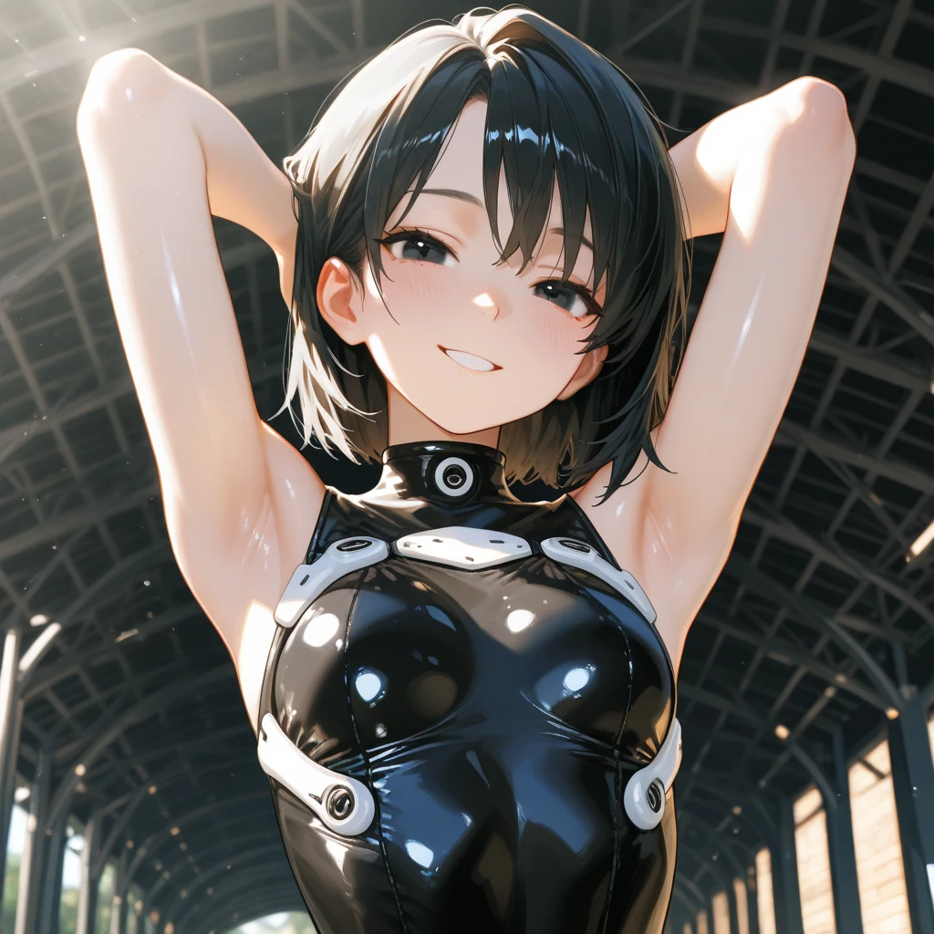 (((Ahegao))), ((Show off your armpits))、(camel toe:1.4)、(((long gloves:1.3)))、brown loafers、black calf length socks、Open your thighs wide to the left and right、squat on the ground、show off your crotch to the viewer, ((latex old school swimwear:1.3、sit, spread your legs:1.3, arm behind head ))、12 years old、absurd、bob hayne hair、flat lighting、elevation angle、sexy pose、highest quality、Complex、surreal、perspective, very detailed, detailed background, shape、1 girl、alone、small breasts、light smile, embarrassing, blush,Outdoor, Poolside, (Sweat),