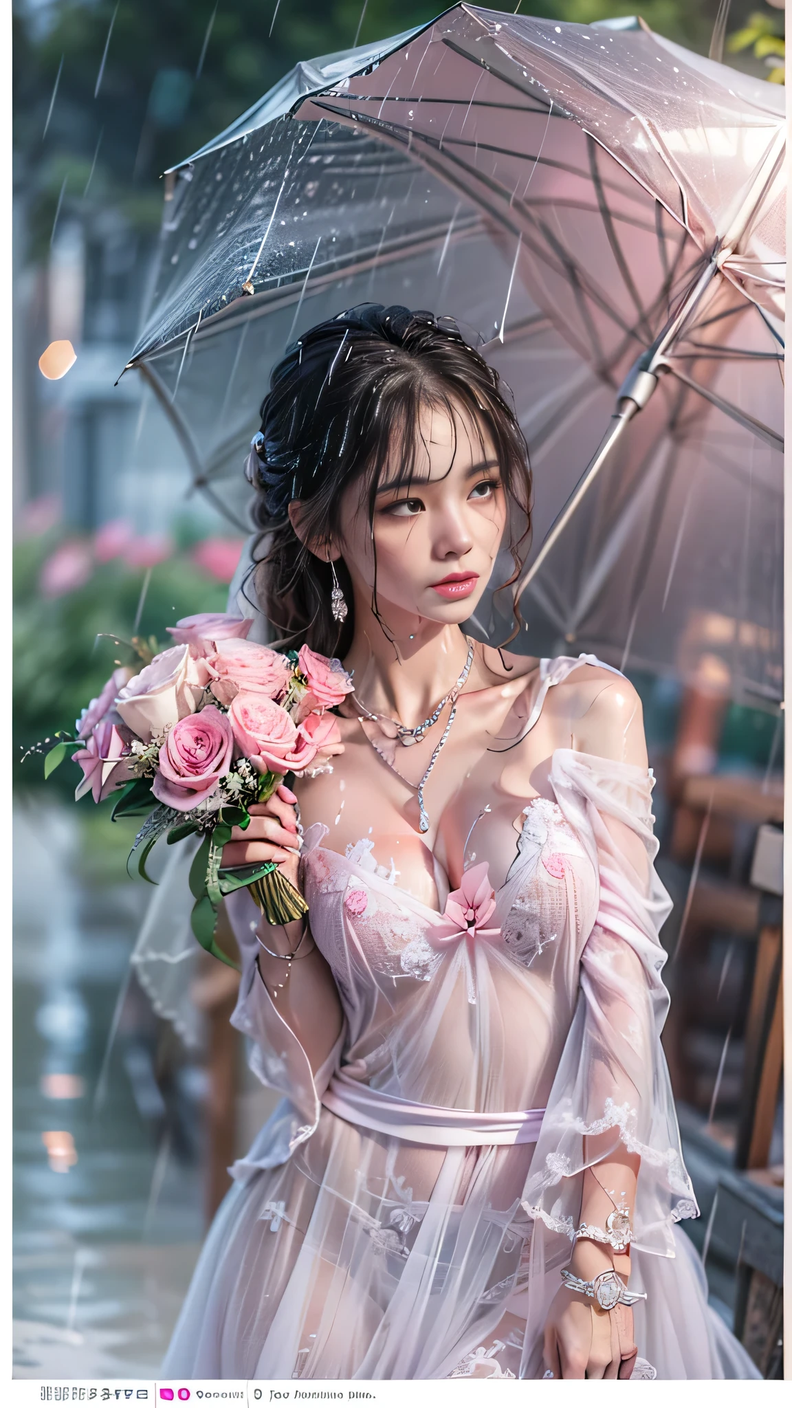 (RAW shooting, Photoreal:1.5, 8K, highest quality, masterpiece, ultra high resolution), perfect dynamic composition:1.2, (modern city night, In front of the church), expression of sadness:0.5, (((Typhoon heavy rain))), Highly detailed skin and facial textures:1.2, Slim office lady wet in the rain:1.3, Fair skin:1.2, sexy beauty:1.1, perfect style:1.2, beautiful and aesthetic:1.1, very beautiful face, water droplets on the skin, (rain drips all over my body:1.2, wet body:1.2, wet hair:1.3), (Holding a wet bouquet:1.2, wet pink wedding dress:1.3), (Medium chest, Bra is transparent, Chest gap), (cry:0.4, lovelorn:0.4, The expression on your face when you feel intense caress, Facial expression when feeling pleasure), (beautiful blue eyes, Eyes that feel beautiful eros:0.8), (Too erotic:0.9, Bewitching:0.9), cowboy shot, necklace, earrings, bracelet