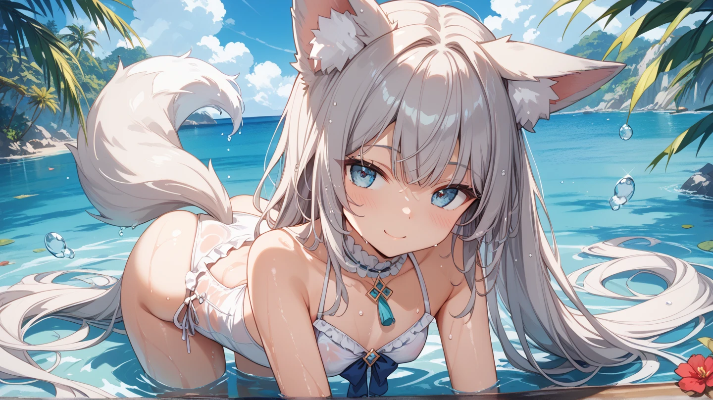 best quality, (masterpiece:1.2), detailed,
1girl, solo, open mouth, light smile, cat ears,
white hair, blue eyes, slit pupils, very long hair, twintails,
lying, beach, bangs, sky, day, on side, completely nude, huge breasts, blue sky, blush, cleavage,<lora:chara_Nekopara_Vanilla_v1:0.8>