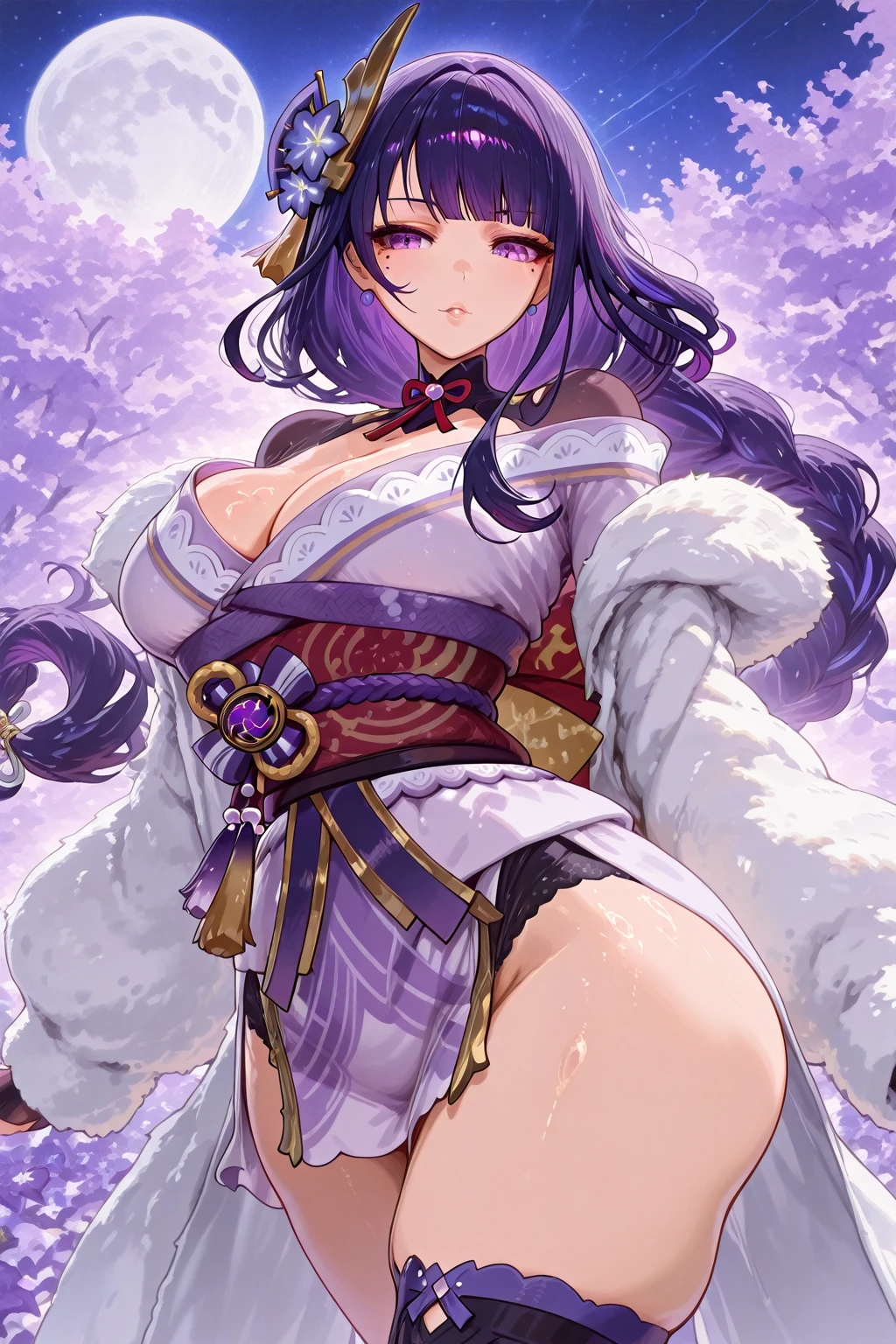 (Nighttime:1.1), full body, (Raiden Shogun:1.2) (from genshin impact), wearing (fluorescent fabric), (harem outfit:1.2), (suzhou embroidery technique:1.1), (Lace sequin cloak woven from feathers), (fabric glows:1.1), (round breasts), (bubble butt), (wide hips:1.1), (slim waist:1.1), (thick thighs:1.1), (detailed face and eyes:1.2), masterpiece, best quality, extremely detailed, 8k, photorealistic, (full body tattoos:1.3), (perfect female curves), (seductive gaze), facing the camera, (pink lips), blacklight lighting, (detailed hand and finger:1.2), (medium breasts:1.2), (busty), (deep cleavage:1.2), (labia outline:1.3), (hard teat:1.3).