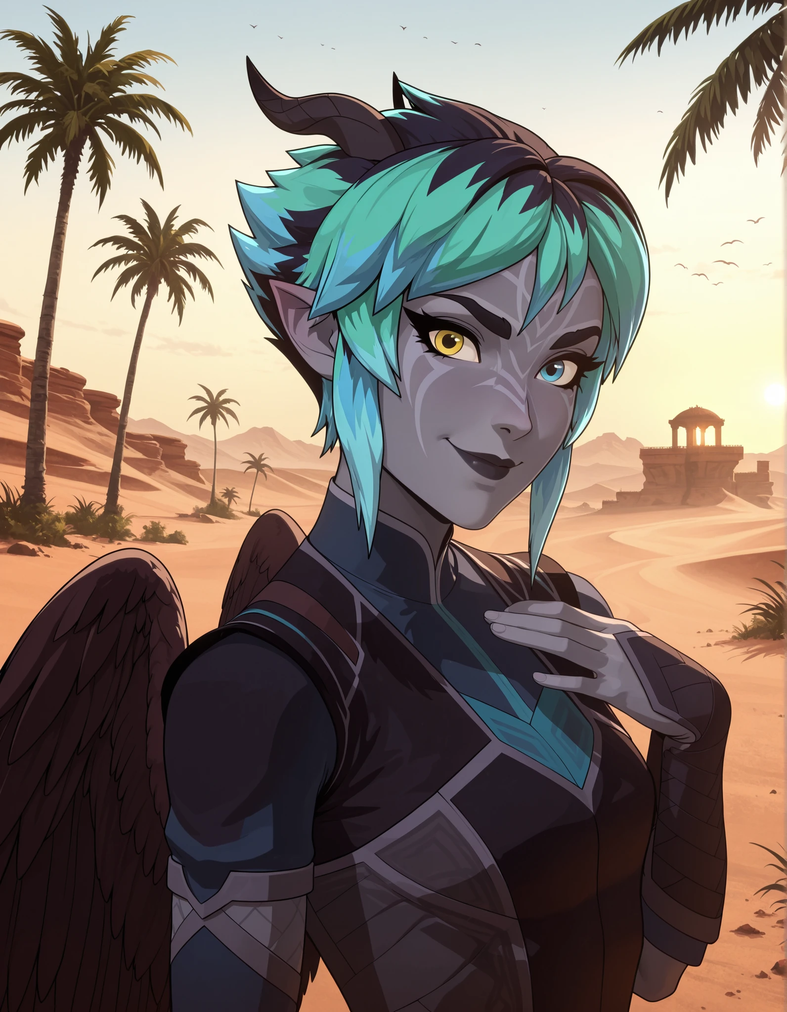 dr4g0n-style, masterwork, masterpiece, highres, very aesthetic, absurdres, 8k, uhd, high detailed face, absolutly gorgeous, high detailed eyes, perfect eyes, dynamic light, dynamic angle, natural light, 1girl, solo, short hair, blue eyes, black hair, closed mouth, looking at viewer, smile, blue hair, upper body, yellow eyes, multicolored hair, outdoors, horns, pointy ears, hand up, desert background, colored skin, heterochromia, grey skin, green hair, palm tree, skywing elf, dark brown wings, bird wings, low wings, v-shaped eyebrows, long eyelashes, black lips, masterpiece, best quality, amazing quality, masterwork, cinematic light, harsh shadows, light and shadows, perfect composition