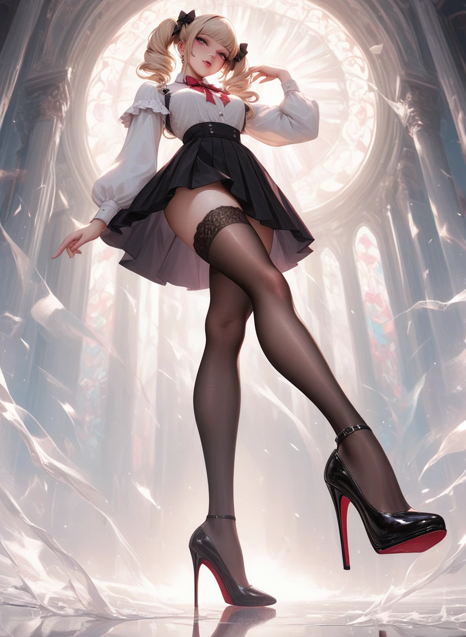 ((ethereal, celestial, otherworldly, transcendent, delicate, mystical):1.4) ,from front ,Magical Lights, Whimsical, Enchanting, intricate, highly detailed, sharp focus, realistic, 8k, (22 years old), american girl, ((red hair)), ((upskirt, skirt, from below)), (good quality:0.996), ((black printed panties, cameltoe:1.2)),