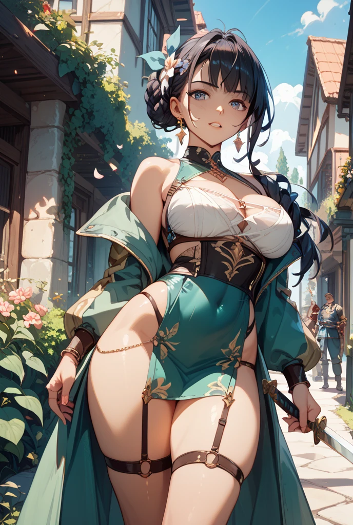 Realistic and detailed image of an elf dressed in a sweater without cleavage. She has long wavy black hair. Turquoise eyes. She has earrings, long eyelashes. She has large breasts, slim waist, wide hips and thick thighs. smiling, face of pleasure. Vagina view, arched back. There is a garden with flower petals falling around her.