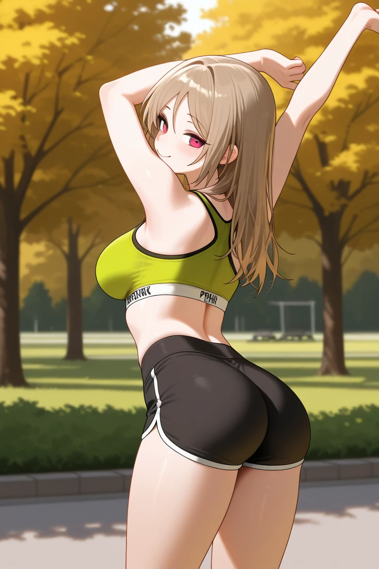((masutepiece, Best Quality, hight resolution, nffsw, Perfect Pixel, depth of fields, 4K, )), 1girl in, Solo, , Beautiful anime girl, Beautiful Art Style, 
standing:1.3, garden, Looking at viewer. 
Perfect body, shy face, tilted forward:1.5, 

isshiki iroha, large breasts, Full face blush, show ass, blue yoga pants:1.3, white tank:1.3,
straight on:1.3, medium shot