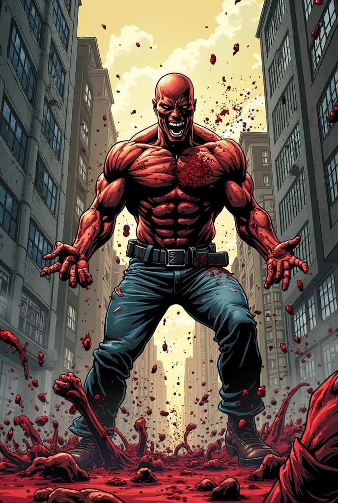Draw Homlander character from The Boys comics, covered in blood and with red eyes