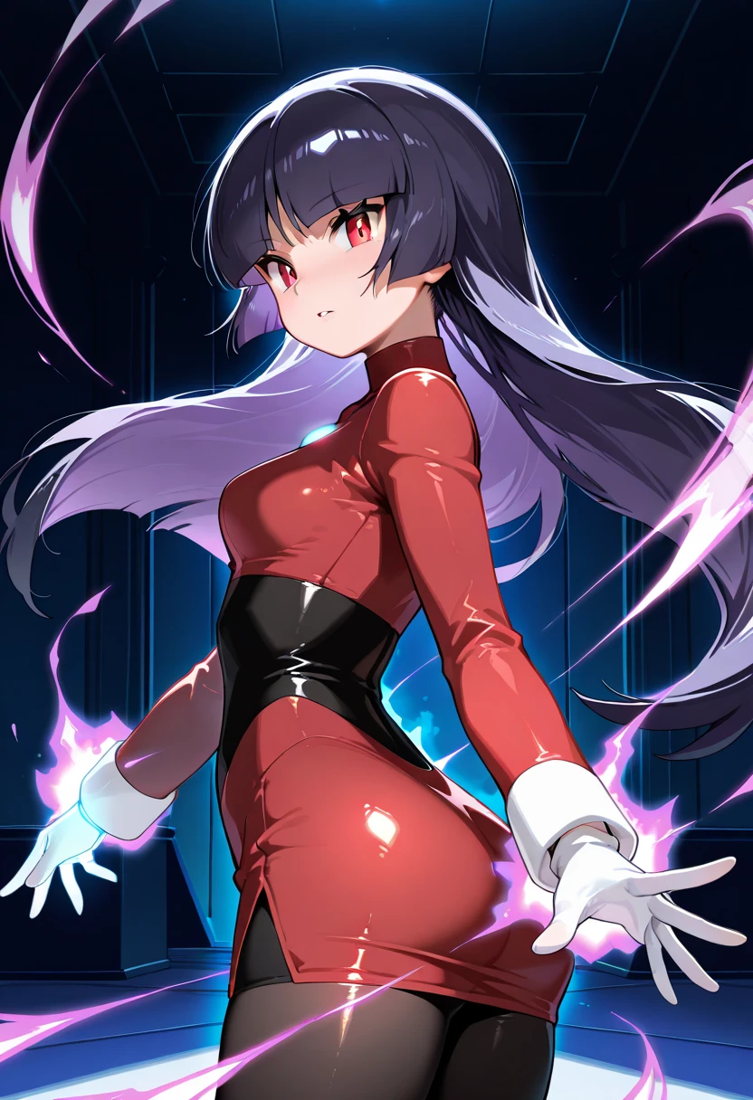 (masterpiece, best quality:1.2), 1girl, solo, sabrina, pokemon, long hair, purple hair, blunt bangs, red eyes, red sweater dress,(white gloves:1.2), black sash, (black leggings:1.1), (bodysuit:1.1), pantyhose, large breasts, knee boots,panties under pantyhose, glaring,crossed arms,crouching down