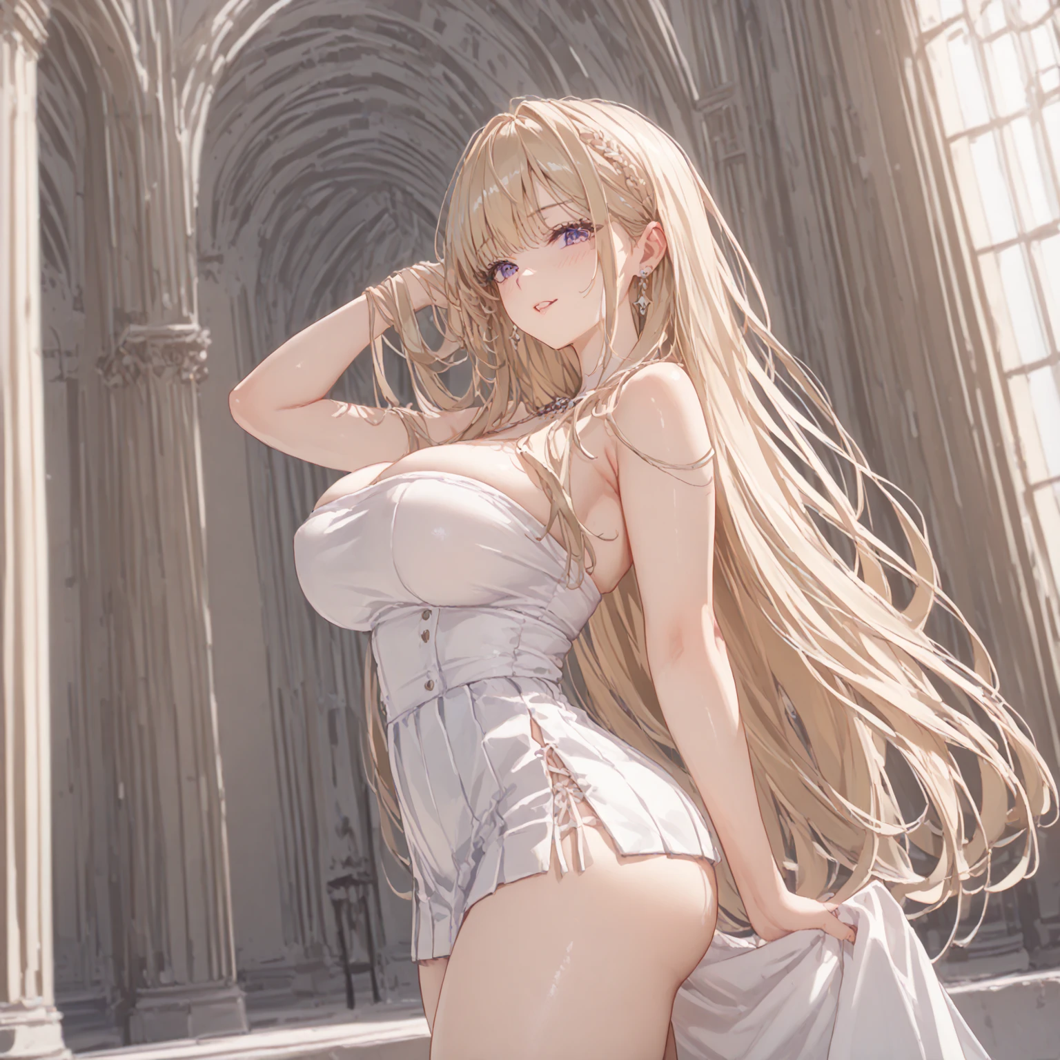 masterpiece, ultra-detailed, best quality, extremely detailed, 8k, high res, realistic, 1girl, 18yo, beautiful girl,BREAK,(blush:1.5),(((Cleavage,Areola))),BREAK,(white translucent dress,Roll up your skirt to show your underwear:1.5),