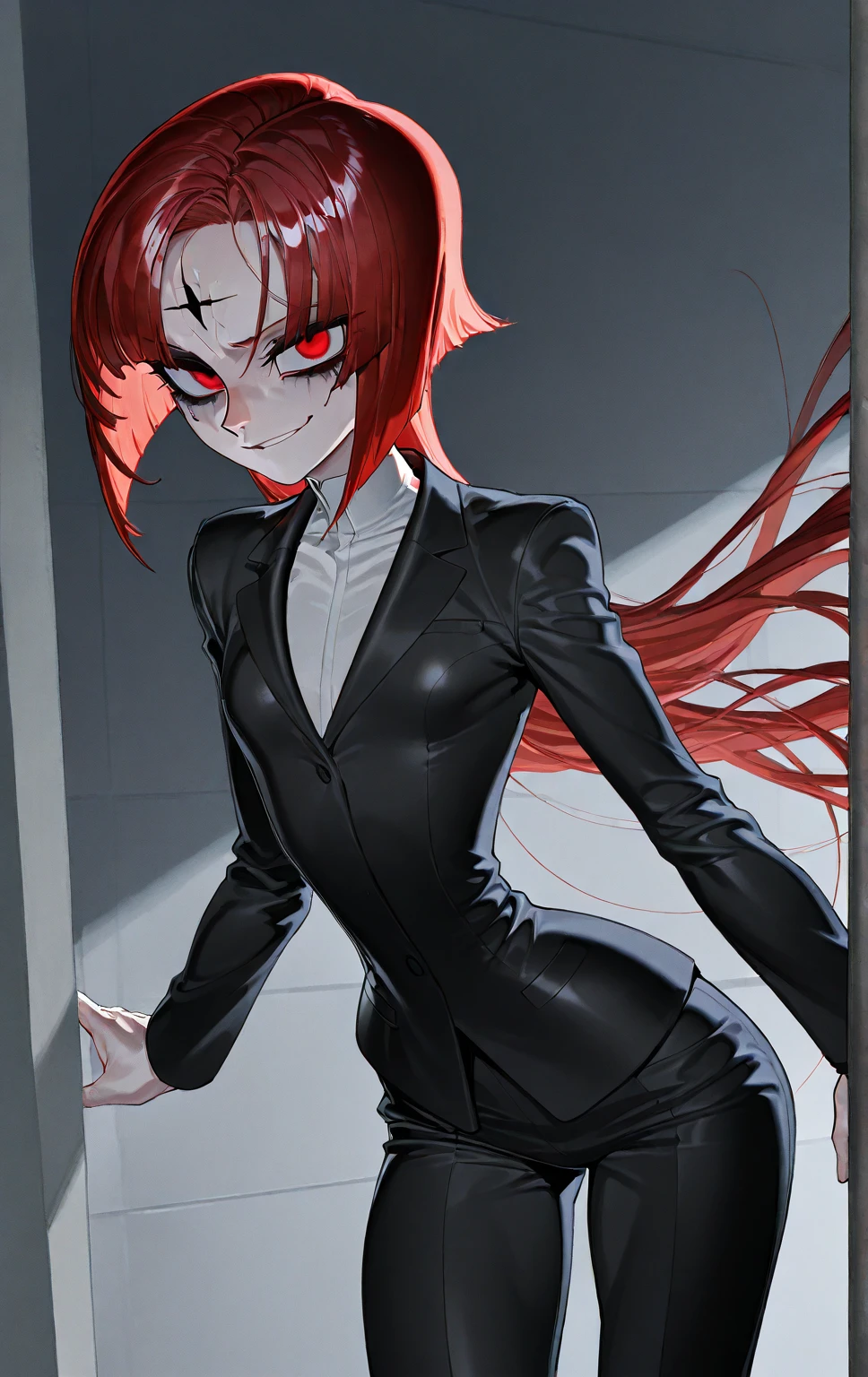 "A woman with a striking and intense appearance stands against a plain white wall in a cold, empty warehouse or prison-like environment. She has short, straight deep red hair, parted slightly off-center, neat and clean, no long loose strands, the hair frames her head closely and does not fall onto her cheeks. Her vivid red eyes glow with a piercing, disdainful gaze, with heavy dark eye makeup that gives her a cold, intimidating look. Her skin is pale and smooth, with sharp, symmetrical features — high cheekbones, narrow nose, slightly square jawline. She wears a tight, matte black suit that fits her athletic figure — medium bust, narrow waist, medium hips. She stands tall and upright, arms relaxed at her sides, legs slightly apart, exuding confidence and dominance, with a subtle superior smirk. The background is minimal and cold, just a white wall with soft shadows. Lighting is even and neutral, highlighting her cold gaze and stylized form. Messy Short Bob Hair with a Clear Forehead, Some long ends in the hair (Large hips and medium chest))