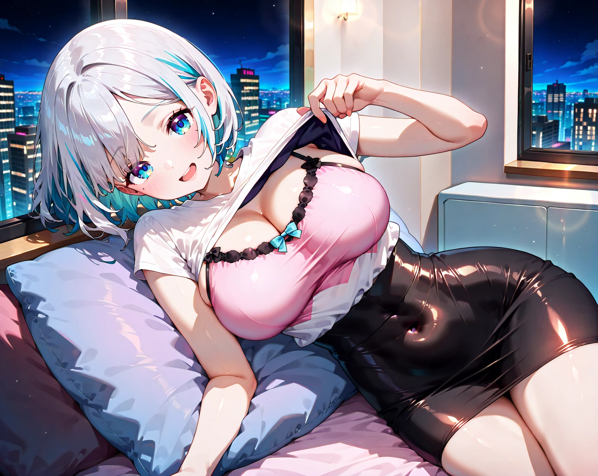 White Hair、Pink Eyes、Short Hair、laughing、Only one girl、alone、Cute、Face is close、Night、laughing、At the bed、Blushing、Erotic、Stick your tongue out