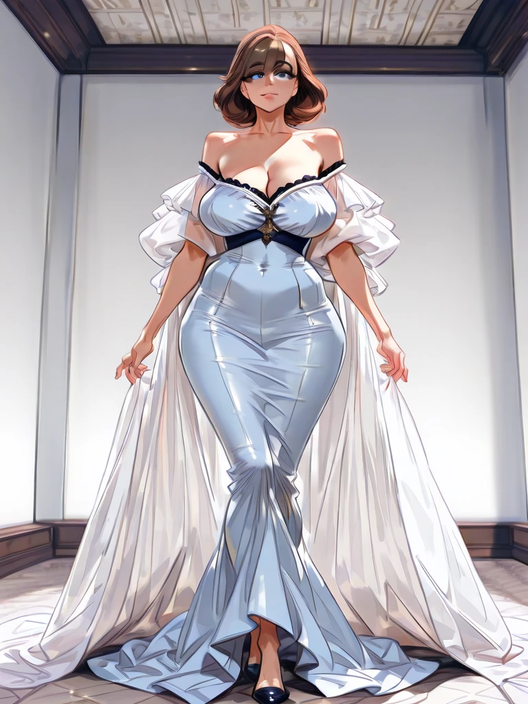 Lara Croft from the game Tomb Raider in a very sexy evening dress in the color Blue White Red she wears a pair of heels open to the feet with a beautiful pink nail polish