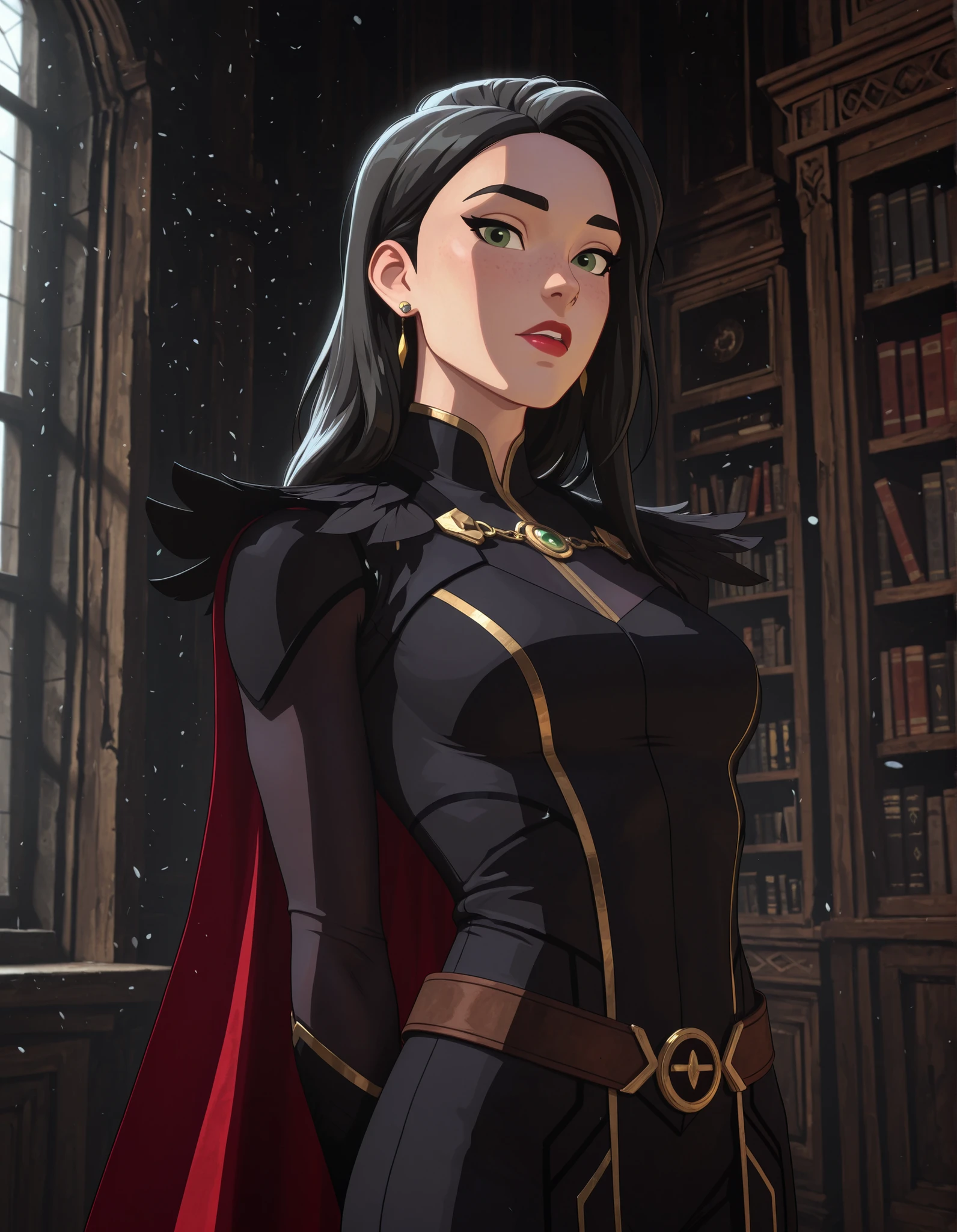 dr4g0n-style, masterwork, masterpiece, highres, very aesthetic, absurdres, 8k, uhd, high detailed face, absolutly gorgeous, high detailed eyes, perfect eyes, dynamic light, dynamic angle, natural light, 1girl, solo, long hair, parted lips, looking at viewer, , black hair, closed mouth, jewelry, green eyes, earrings, indoors, belt, black dress, cape, , piercing, arms behind back, brown belt, red lips, hair behind ear, animification, feather trim, long sleeves, ear piercing, bookshelf, masterpiece, best quality, amazing quality, masterwork, cinematic light, harsh shadows, light and shadows, perfect composition
