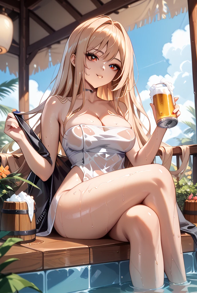 masterpiece), best quality, expressive eyes, perfect face, Best quality, massive breasts, massive ass, very curvy, brown skin, long blond hair, yellow eyes , sluty, slutty gyaru, drunk, drinking beer, drinking beer can, drinking beer on table, drinking beer, holding beer can, berr can, beach house, beach house, white bikini, brown skin, tan, darknskin, tan , darkskin, brown skin, sfw