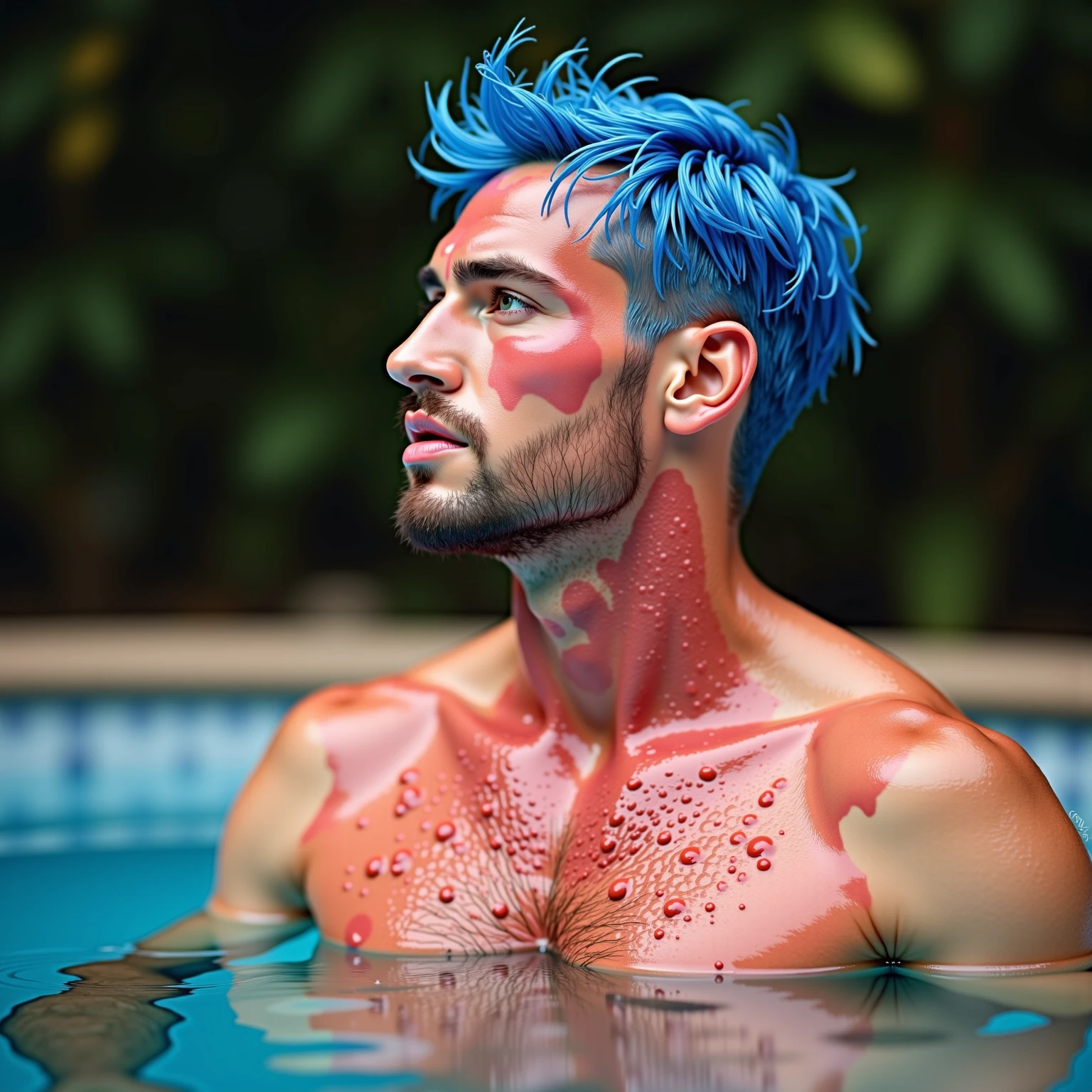 Nino xsupolitas, greek singer, half naked, singing, tattoo, blue hair, on the beach, muscles