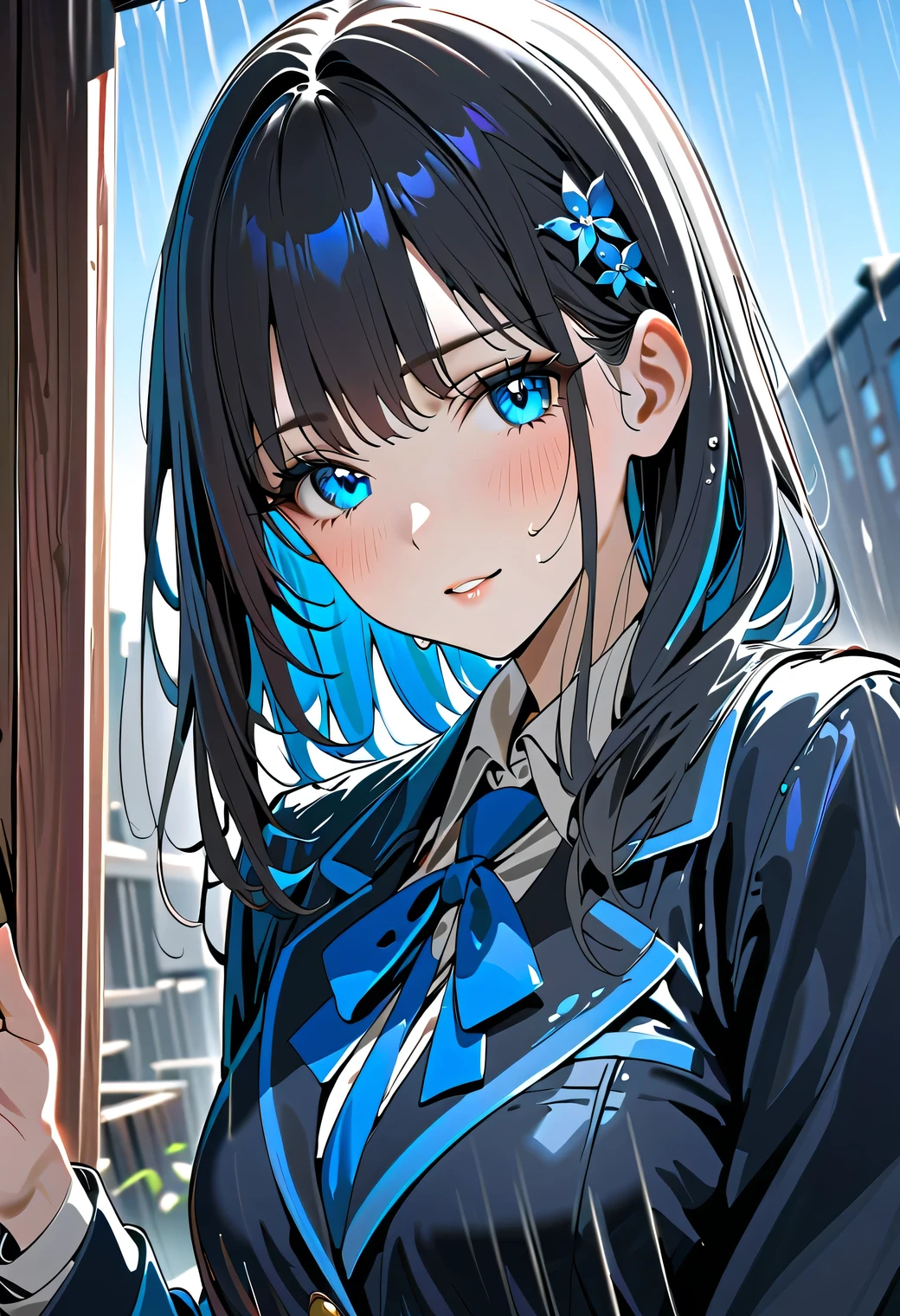 High school girl wet in the rain dark haired inner color is blue wonder