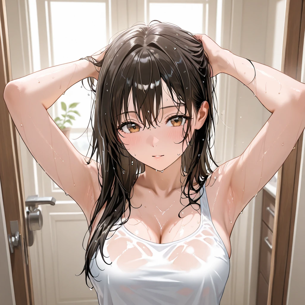 ((Tabletop, Highest quality, High resolution, , Pixel Perfect, 4K,))), 1 female, 、The whole body is visible、 ((Long Wavy Hair, bangs, Brown Hair)), ((Brown eyes, Beautiful eyelashes, Realistic eyes)), ((Detailed face, Blushing:1.2)), ((Smooth texture:0.75, Realistic texture:0.65, Realistic:1.1, Anime CG Style)), Medium sized breasts, Dynamic Angle, Perfect body, (( , , White camisole、No bra、、 Tight jeans pants、、)), Gold Hair Ornament、Cross Necklace、、Very embarrassing panic smile, 、、、、、、Nipples are slightly visible、Cover your chest with your arms、Emphasize cleavage、Leaning forward、Stick your butt out、Hotel shower room、、、、 、)、