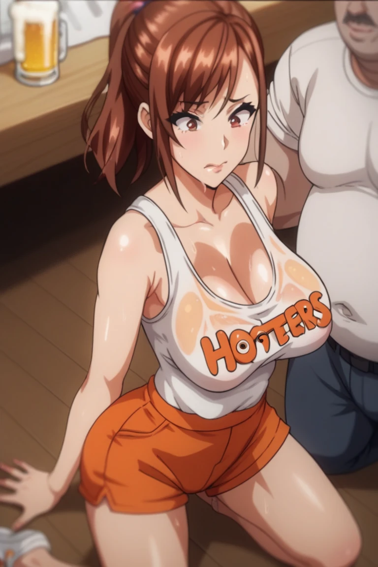 Female mechanic、(((nsfw、sex)))、Swollen nipples、Green Eyes、Single Braid、Brown Hair、Medium Hair、Chubby、Large build、Shirt lift、White Panties、Hands on chest、((vapor))、Shirt lift、:o、Embarrassing、(Sweat)、(Huge breasts)、Fat belly、Thick thighs、Dark concrete room、Standing on one leg、((Hands behind head、Both armpits))、From the side、((Sex with a muscular man、My chest is grabbed、A man licks my neck))