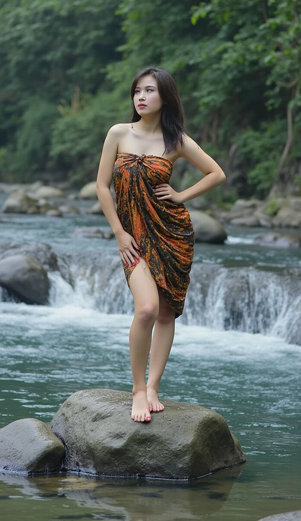 best quality, 8k, very delicate and beautiful, highly detailed face and skin texture, shiny skin, high resolution, sexy asian girl wearing Thai Sarong stand at riverside, full body, sharp focus