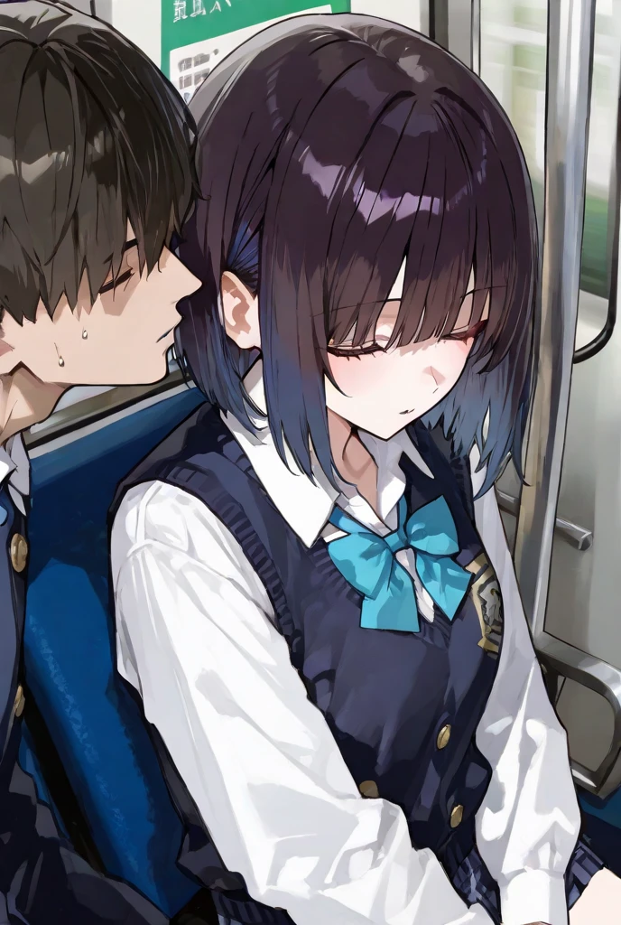 A middle-aged man is touching the buttocks of a crying girl with black bob hair and a blazer uniform who is holding on to the handrail of a train