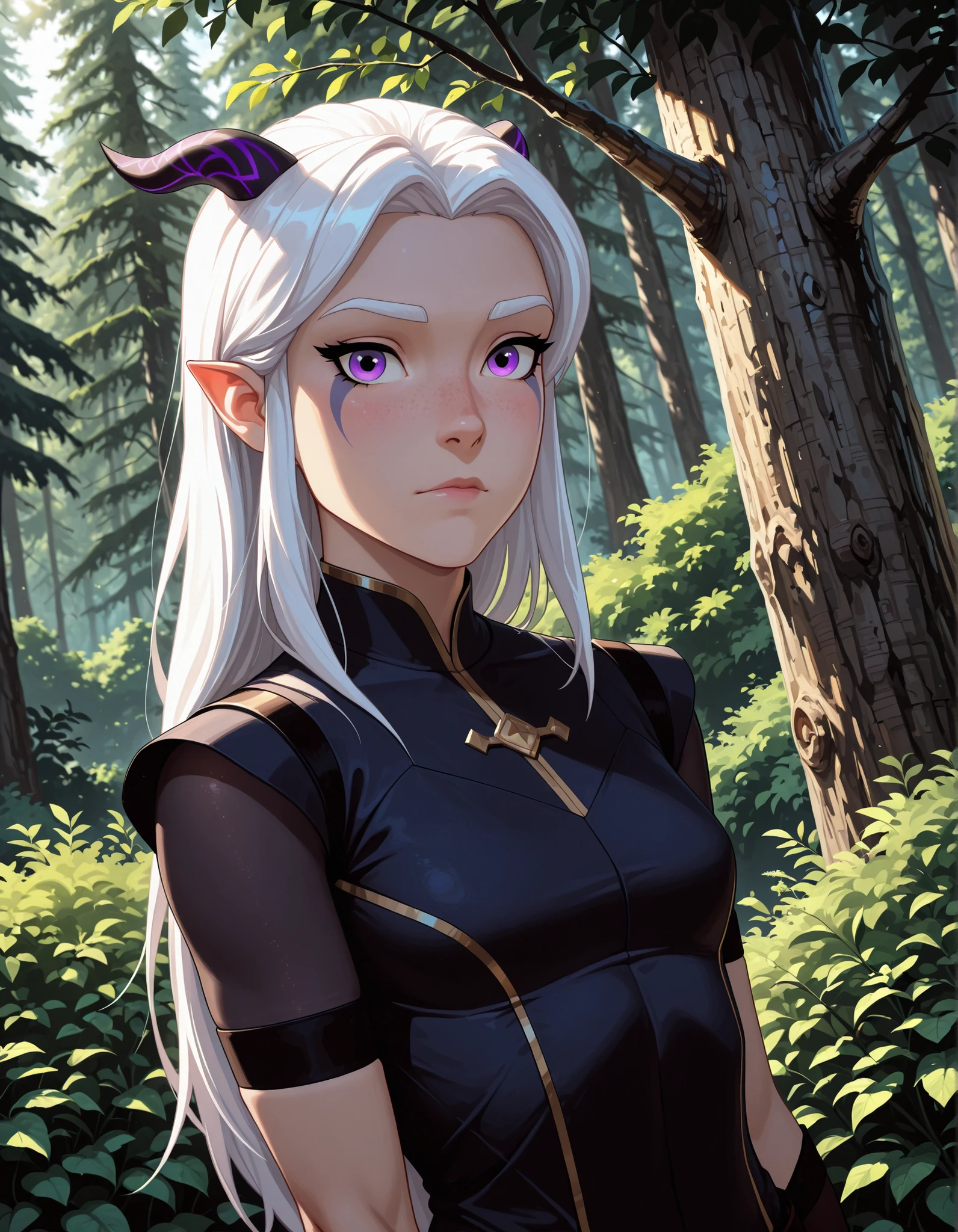 dr4g0n-style, masterwork, masterpiece, highres, very aesthetic, absurdres, 8k, uhd, high detailed face, absolutly gorgeous, high detailed eyes, perfect eyes, dynamic light, dynamic angle, natural light, 1girl, solo, long hair, looking at viewer, closed mouth, white hair, short sleeves, outdoors, horns, pointy ears, day, blurry, tree, nature, forest, purple eyes, bush, masterpiece, best quality, amazing quality, masterwork, cinematic light, harsh shadows, light and shadows, perfect composition