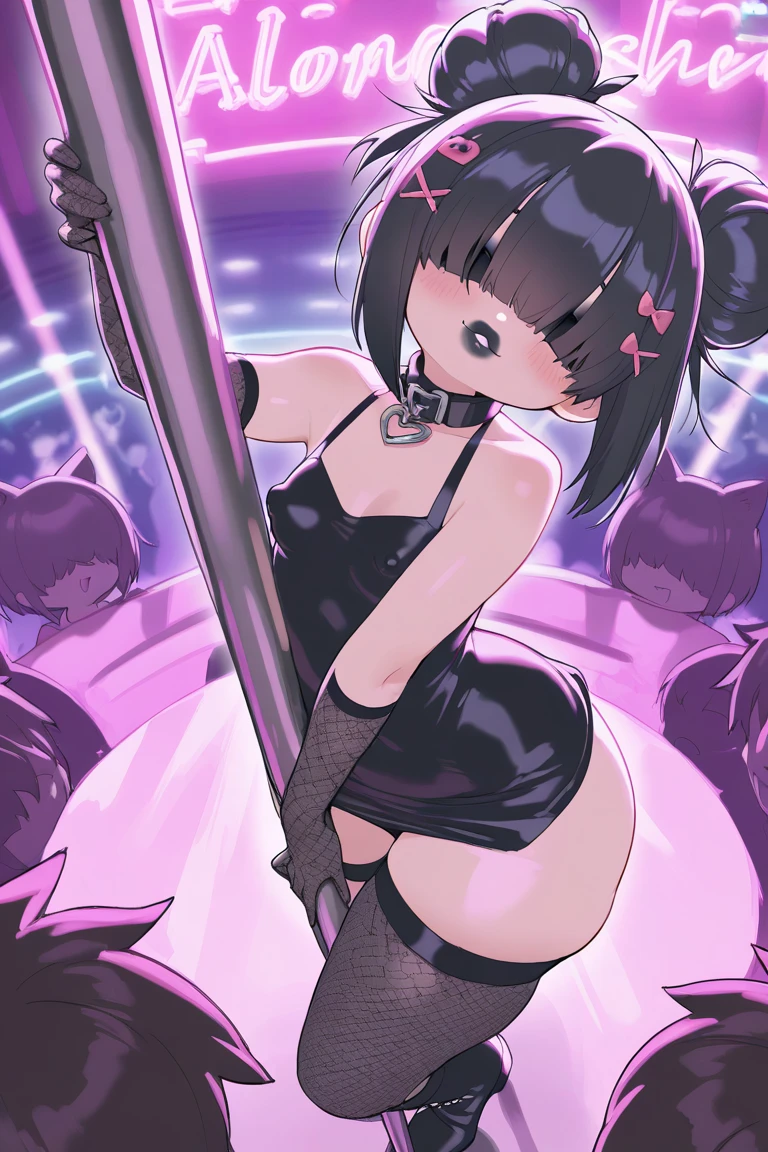 NSFW, masterpiece, standing insanely hot (woman 1) using sexy ((pole dancer)), ((((night club)))), (thin thigths), (laughing), drunk, red eyes,  black hair, very small boobs, hair tied with a red ribon, tights, ((spreading legs))