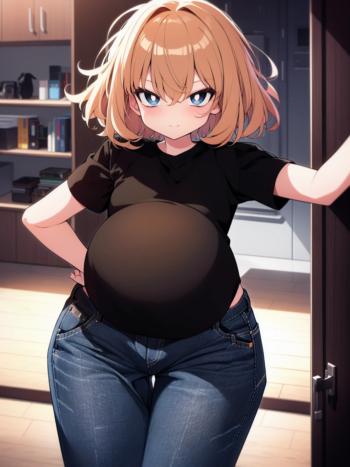 (((masterpiece))) ((( background : im crowd : night light : in mall : night : high quality : detail ))) ((( character : Ryu Sujeong : fit body : small breast : smooth long pinkish blonde hair with bang : wearing hoodie and skirt : blending in)), massive belly, huge belly, enormous belly, giant belly