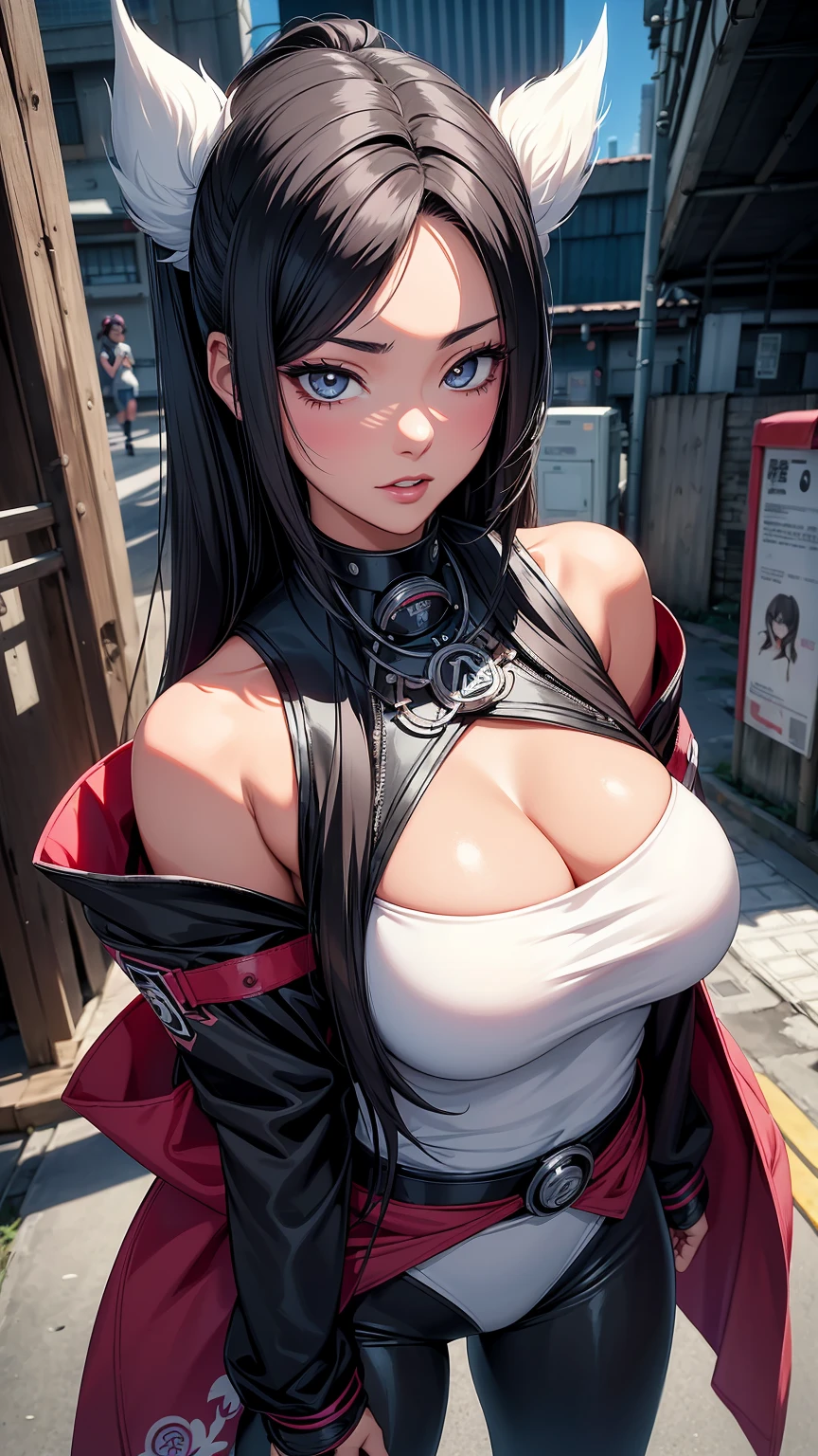 portrait, 1 girl, beautiful face, asymmetrical hair, multi-colored hair, belt, bodysuit, covered mouth, covered navel, detached sleeves, grey eyes, hip vent, open jacket, cute, look at viewer, night city, neon, rainy,