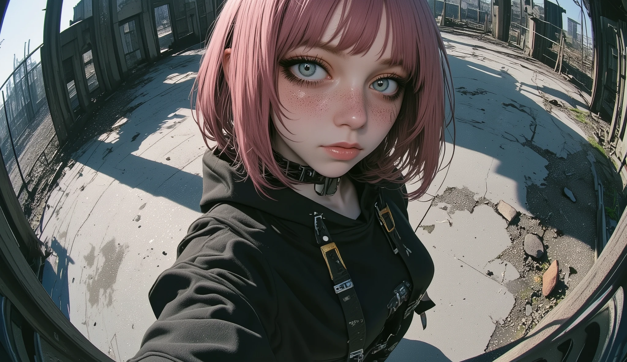 Fisheye Wide Angle , black hoodie , Fisheye Wide Angle 1 Mori Gatterpunk's Young Man , Battle Poses 、 wearing a sexy dress 、 Put your hand in your pocket 、The expression and outfit are 、Bold Makeup and Accessories. Shadows at your feet、 high angle and strong fisheye perspective , The background is ruins、 is anatomically accurate、Wolf Cut、 Belly Shorthair pink flame