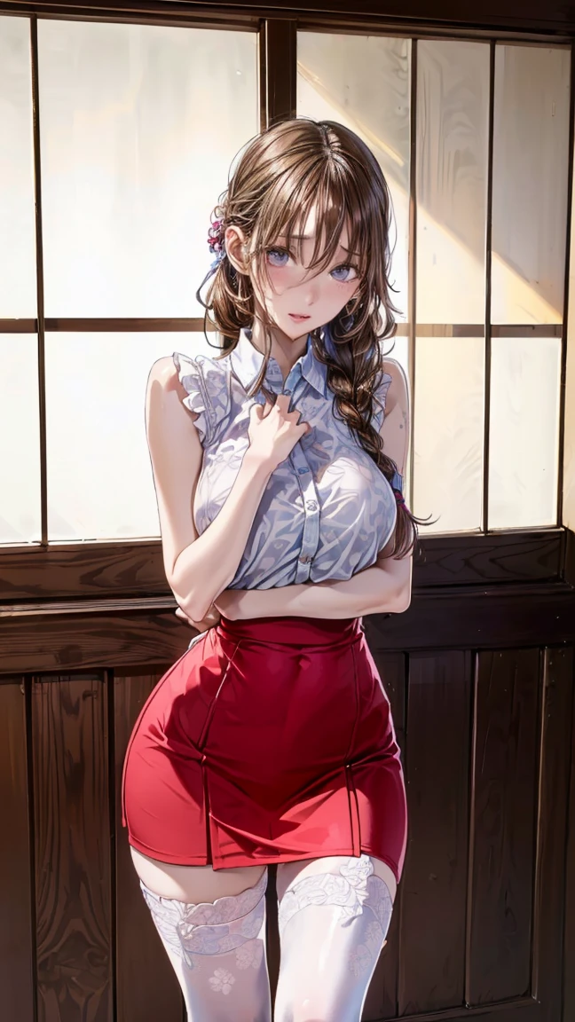 Masterpiece: 1.2, best quality), realistic, (real picture, rich details details, depth of field), (1girl, solo), makeup, cleft lip, high detail, perfect face shape, (big breasts: 1.4), (skindentation), thick thighs, wide buttocks, Thin waist, tall, coral, red lips, red eyes, ponytail (girl playing badminton, light tulle, tulle transparent white skirt), (sweat: 1.2), (wet), sexy, blush, (shy expression, expression)