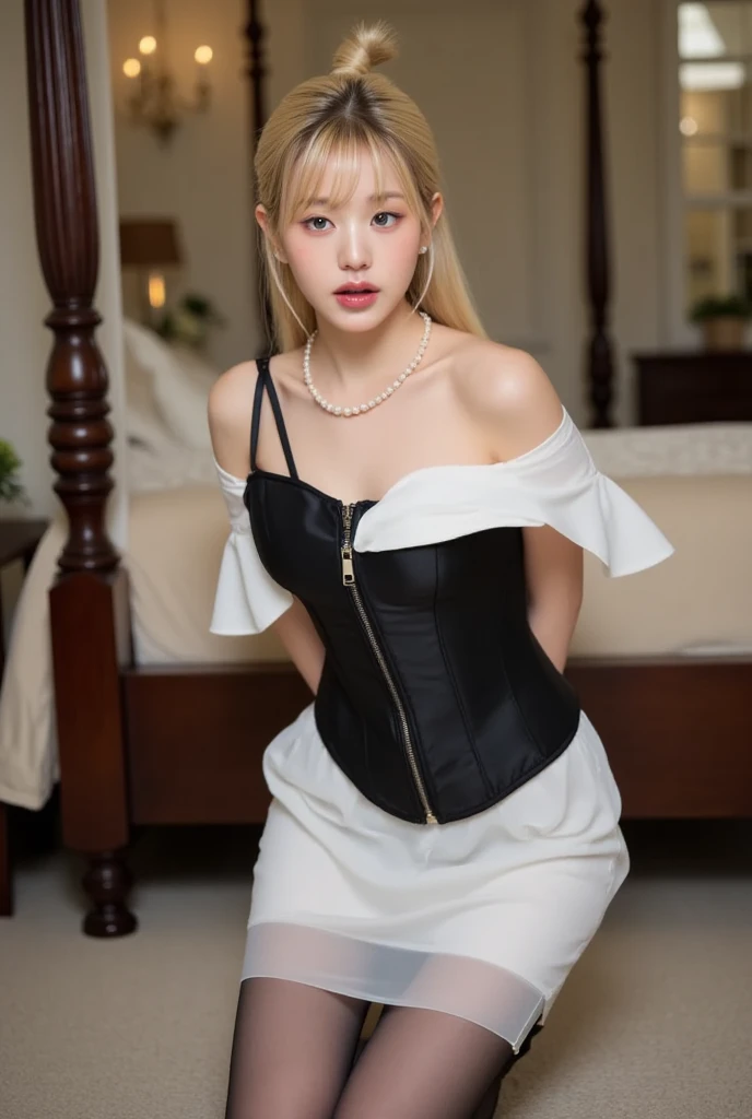 blond, black eyes, Dress up as Rem, 19 years old, Mature, H cup, A hand holding a banana, Wearing a low-cut camisole,  background: Death Star Space Station Interior, Unreal Engine 5, Japanese cartoons, Japanese cartoons style, masterpiece, Well drawn eyes, Very well drawn face, Delicate eyes, The face is rich in detail, 8K, Light and shadow effects.