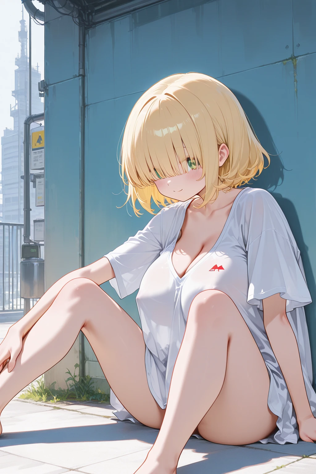 1girl,  nsfw,  houjousatoko, short hair, blonde hair, purple eyes ,hairband,  , empty eyes , large breasts, nipple, Walking, , Abandoned Hospital　frozen, wet, crying ,,  Naked, , (1girl)  solo