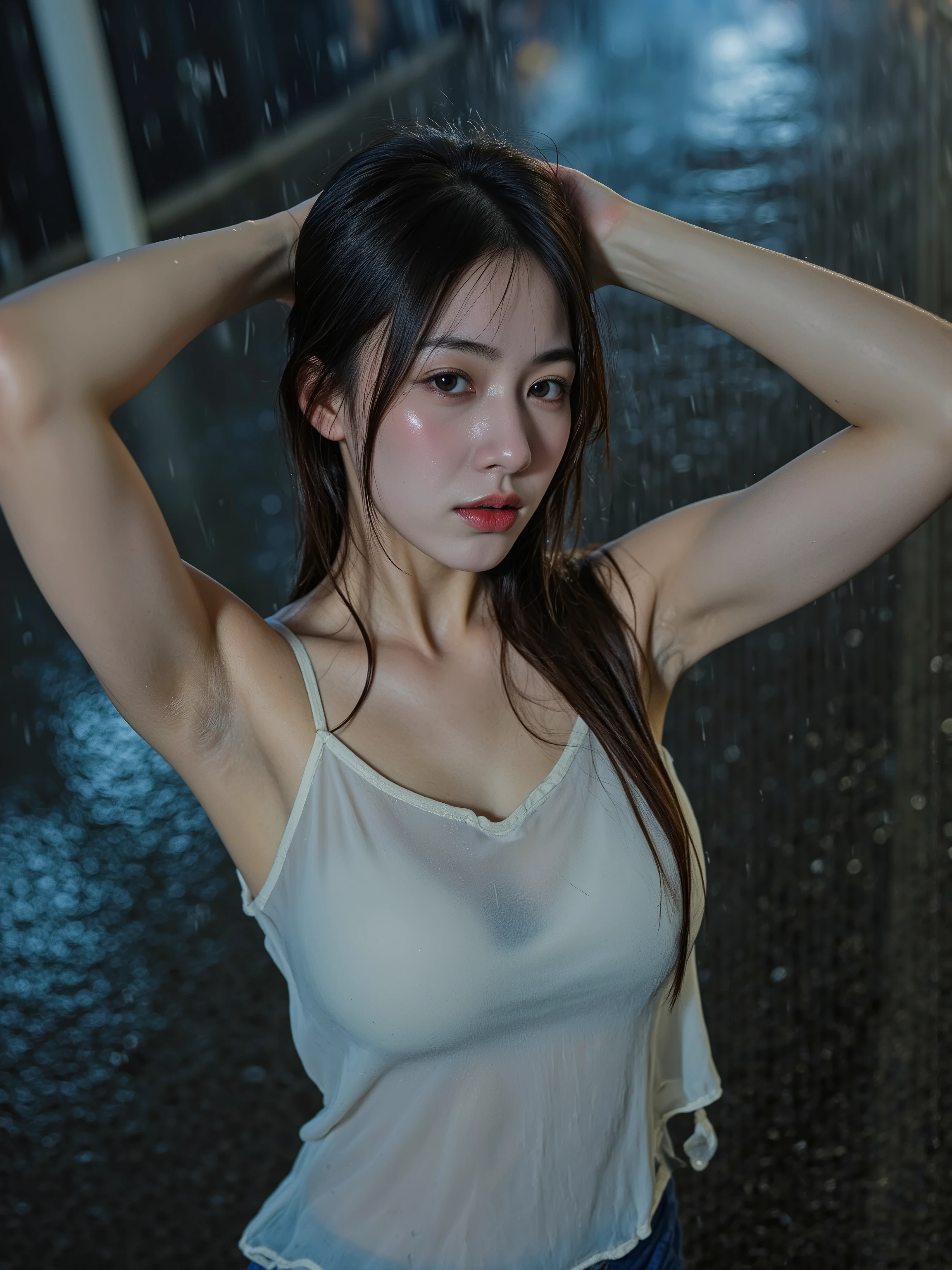 Photorealism, close up, wide angle, seen from below, a girl wears a long-sleeved shirt that is wet and hanging down exposing her (bare shoulders:1.2), she has a slim body with firm, plump breasts, fair and smooth skin, grayish blue eyes , has brunette hair, she is sitting cross-legged in a wet street during heavy rain, she looks freezing and her (body and hair are badly wet), in a foggy atmosphere, photon mapping, dramatic lighting, vivid color tones, aesthetic