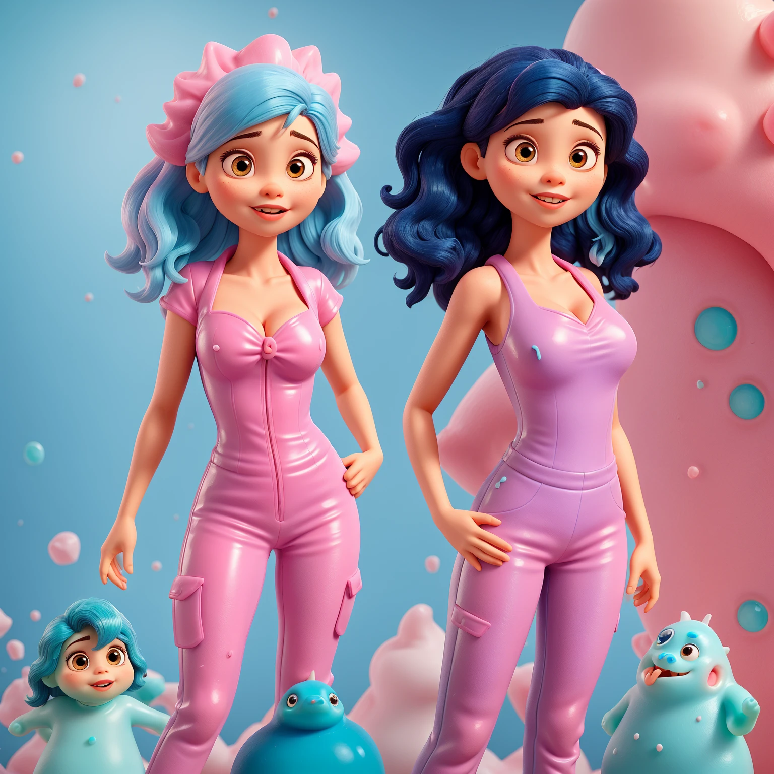 A tall and thin young woman, heavy chest, short circular Caribbean blue hair and two strands of hair on the sides of her face, her light blue eyes, metallic pink lips, wearing her red bra with white black stripes and a blue Hawaiian skirt with lighter blue decorations. waves and bubbles