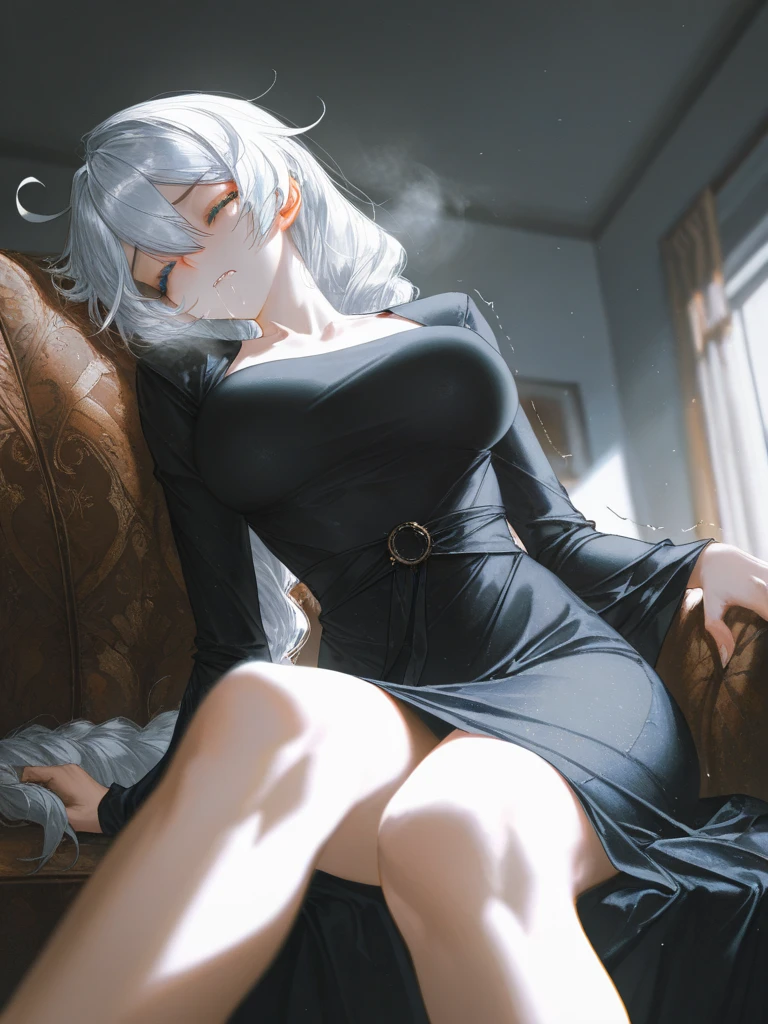 ((best quality)), ((masterpiece)), (detailed), closed eyes, Silver hair, big bust, wide pelvis, happy expression, shot, 1 woman, short sweater, armpit, modern world