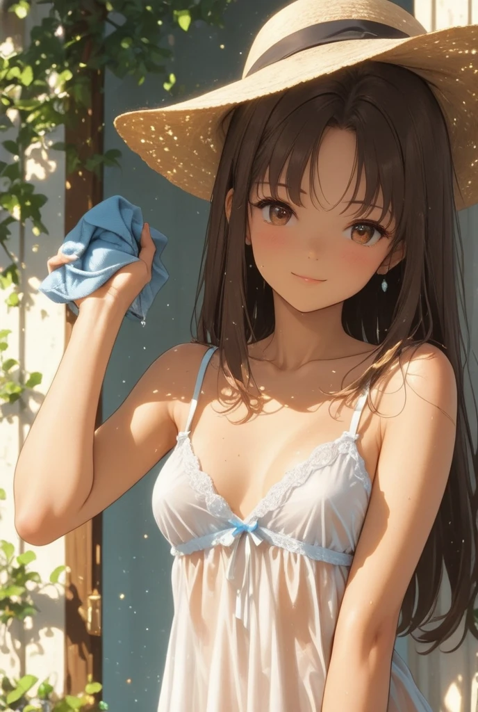 1girl bows her chest and sticks out her buttocks,nsfw, green eyes , crosshairs in one's eyes ,Green apron , naked apron,smile, Dark brown hair , shoulder-length hair, chubby ,straw hat, freckles, blush,