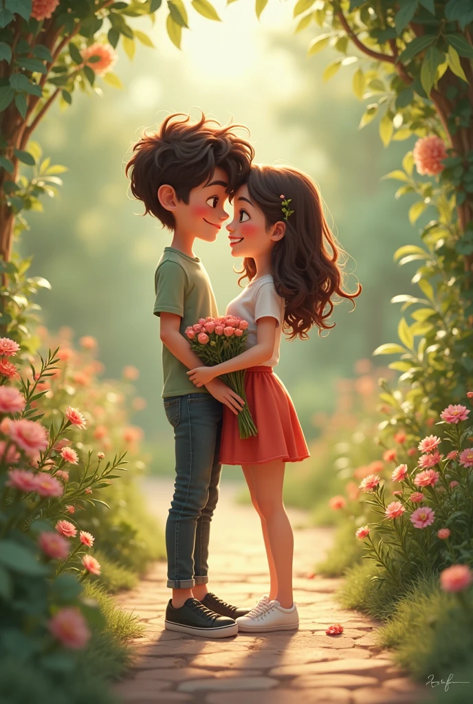 A girl giving pink tulips to a guy ,they should be teenagers 
Make the guy a bit shy