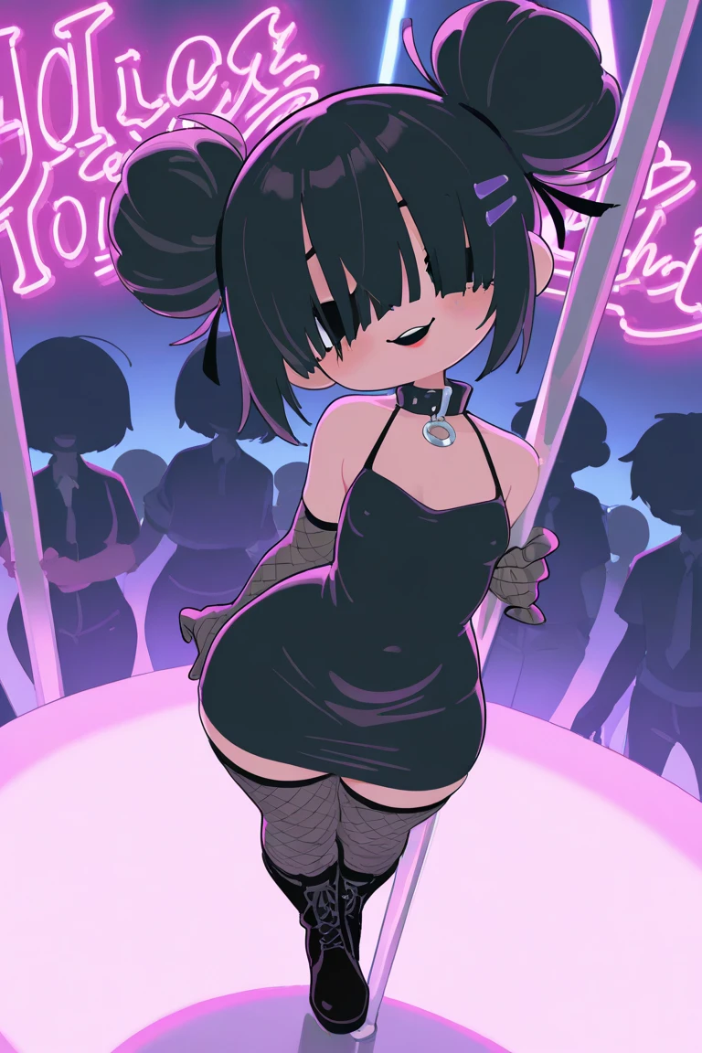 masterpiece; Cute black eyed petite girl 21 years old, Japanese, Modest, shy, Fragile; beautiful detailed round face, round cheeks, round chin, Large shiny realistic black eyes, long eyelashes, sweet cheerful smile, sensually parted plump lips; disturbance; short absolutely black tousled hair (Rebellious 80s rocker hairstyle), Very small stature, fragile proportional body, beautiful model figure, pearl skin; Realistic very small breasts; beautiful black strapless dress, high velvet boots, stands at full height on the stage of the academy assembly hall in the light of spotlights, microphone in hand; Realistic texture of human skin, High quality textures, high environmental detail, intricate details; free pose