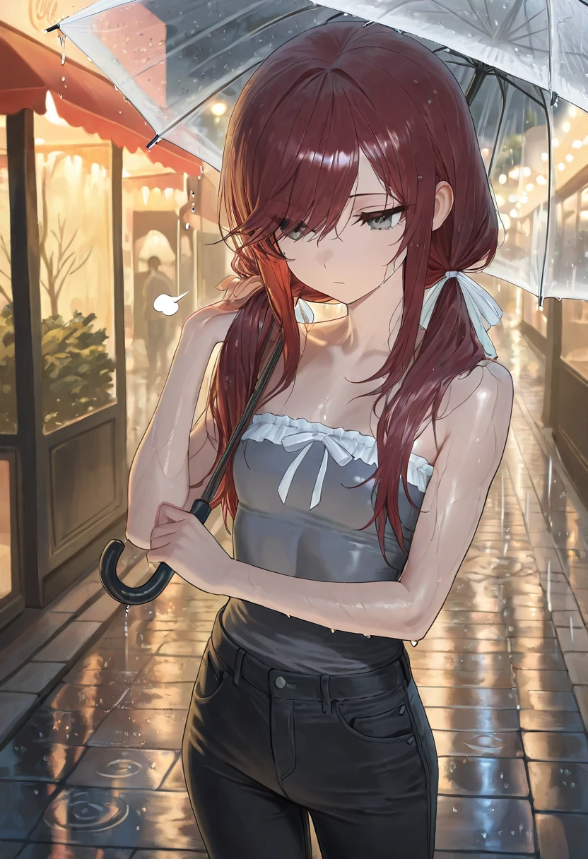 Masterpiece, top quality, best quality, official art, beautiful and aesthetic, anime, 1girl,extremely detailed, colorful, more detailed ((ultra-detailed)), (highly detailed CG illustration),Best Quality, High resolution, Unity 8k Wallpaper, (Illustration:0.8), (Beautiful detailed eyes:1.6), extra detailed face, Perfect Lighting, extremely details CG, (Perfect hands, Perfect Anatomy),city,street,night,wet road,reflections,lights,red long hair, cat ears,ponytail,blue eyes, barrette,black choker,earrings,skinny fit,medium breast,shoulders,white shirt,bra vissible,wet shirt,high-waist skirt, pantyhose,upskirt,panties, looking in camera,