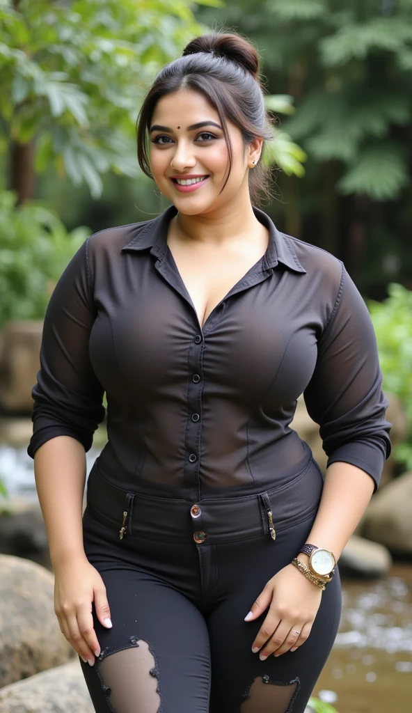 Day scene, A radiant, full-figured South Indian aunty wearing a gray colour chiffon transparent salwar and leggings, standing, in a office, captured in a full-body image with vibrant hues and meticulous details. Full body image