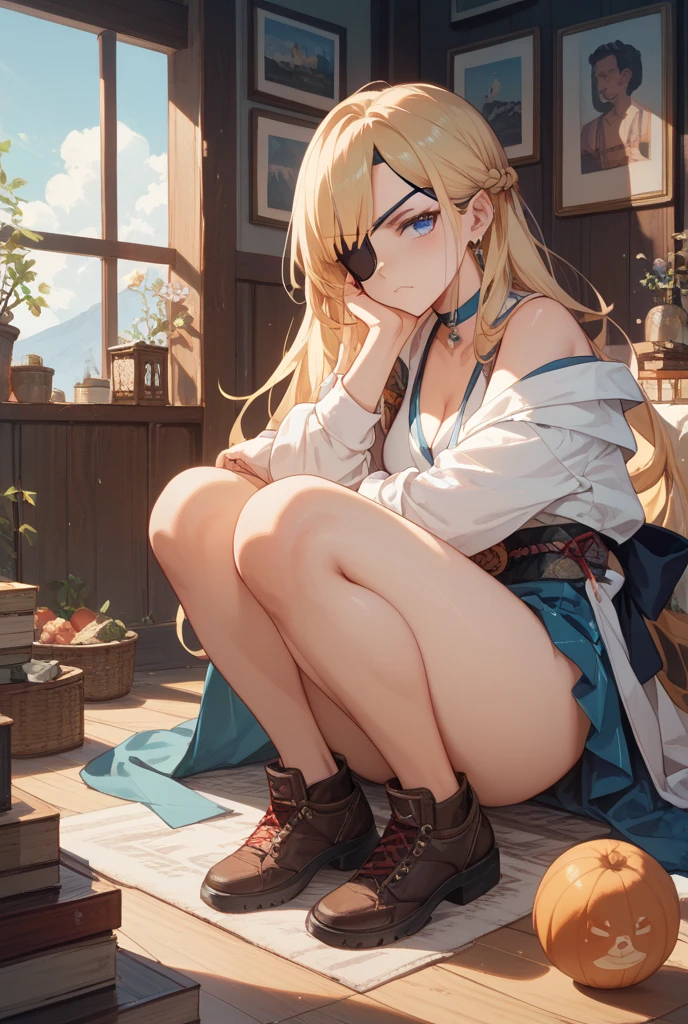 
masterpiece, high quality, a girl, long blonde hair, light blue eyes, medieval attire, loose white shirt, old skirt, dirty antique boots,
deck bottom of an old ship