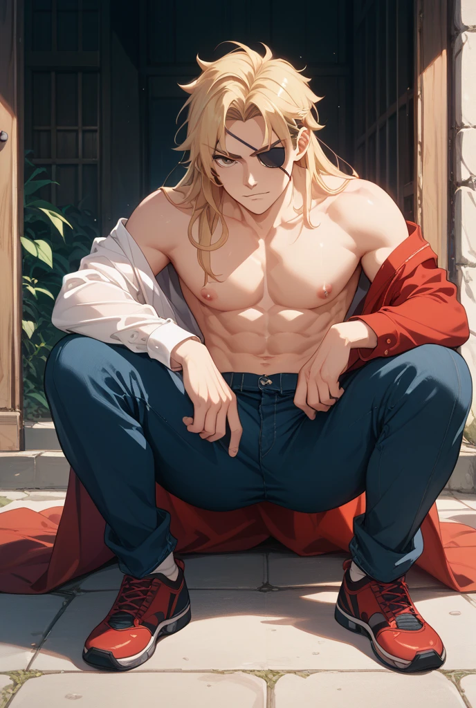 Bakugou Katsuki, knee-length blonde hair with braids, crimson red eyes, he is dressed in medieval pants, is shirtless showing his abdomen, but wears a red cape with animal fur, perfect appearance, high resolution, full body. Set in a medieval castle where it has various armor of soldiers.