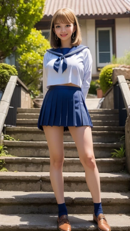 One Girl:1.5,Fair skin,Shyness,high school student、Sexy pose、Highest quality, shape, Very detailed, finely, High resolution, 8k wallpaper, Beautiful and exquisite, Natural Lip, whole body,bangs、University Vegetable Garden、(High School Uniform),Brown Hair、(Thighs)、The correct five fingers、Looking into the camera, (RAW Photos:1.2), (Realistic:1.4),(masterpiece:1.3),(Highest quality:1.4),超High resolution,(fine grain),(Detailed facial features),(Detailed clothing features),High resolution,8K resolution, Focus Only, View your audience, (bangs:1.1), dream-like, (Very detailedなイラスト), One Girl,cute, Innocent, (smile), (whole body) , Haruhi_srf, White long sleeve shirt with blue collar, Blue Skirt, Yellow ribbon, Are standing,Yellow headband、((I can see your chest)),(Nipples are visible:1.6),((Small breasts))、Photographing a girl From below、((smile)), (From below:1.5),(Looking down, View in Viewer:1.3),Spread your legs、hands on knees、White panties、(詳細なWhite panties)