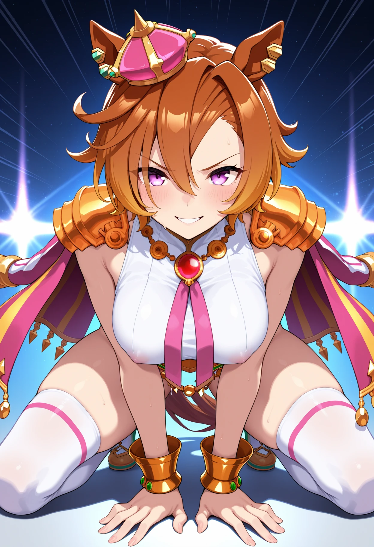 edgElegant, wearing edgElegant
(ultra 8k cg, picture-perfect face, perfect face, beautiful face, masterpiece, high quality, best quality, flawless, clean, professional artwork, famous artwork), (dark skin, dark-skinned female:1.3), gyaru, waruochi, BREAK 1girl, hair ornamnet, pink hair, glowing eyes, shiny skin, (underboob), navel, midriff, hands on waist, (epaulette:1.2), miniskirt, pleated skirt, (magical girl uniform:1.2), black clothes, detached sleeve, transparent clothes, skirt, latex, corruption, (epaulettes:1.2), military cap, grin, smirk, extremely thick lips, extremely long eyelashes, (huge breasts), (chubby, plump), big belly, pussy juice, (from below:1.3), earrings, jewelry, golden, ruined background, night sky, dust