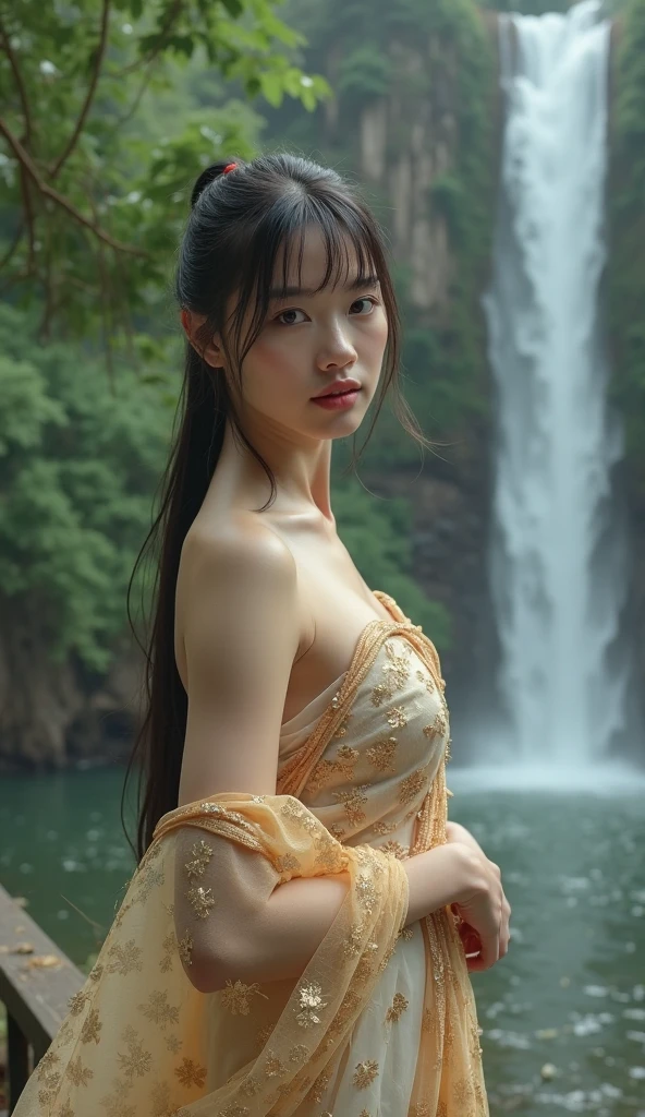 (msterpiece:1.3), (8k, RAW photo, best quality: 1.4), beautiful face, beautiful hairstyle, beautiful detailed eyes, beautiful skin, absurdres, attractive, ultra high res, highly detailed,NSFW, 1 girl in abandoned underground basement, big breast,facial close up,necklace,arms behind back,evil smile,knife,vaginal insertion,light long hair, ultra detailed skin,Heavy makeup, flower hairpin, naked,colorful patterned lace dress, dirty ground,on a rock,bondage,dirty rock,half body,spread legs, exposed pussy,