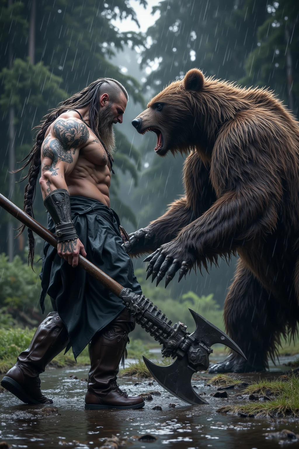 create a barbarian with a roman helmet ,with a sword in hand,fighting a wild bear,realistic black and white tattoo style in high definition
