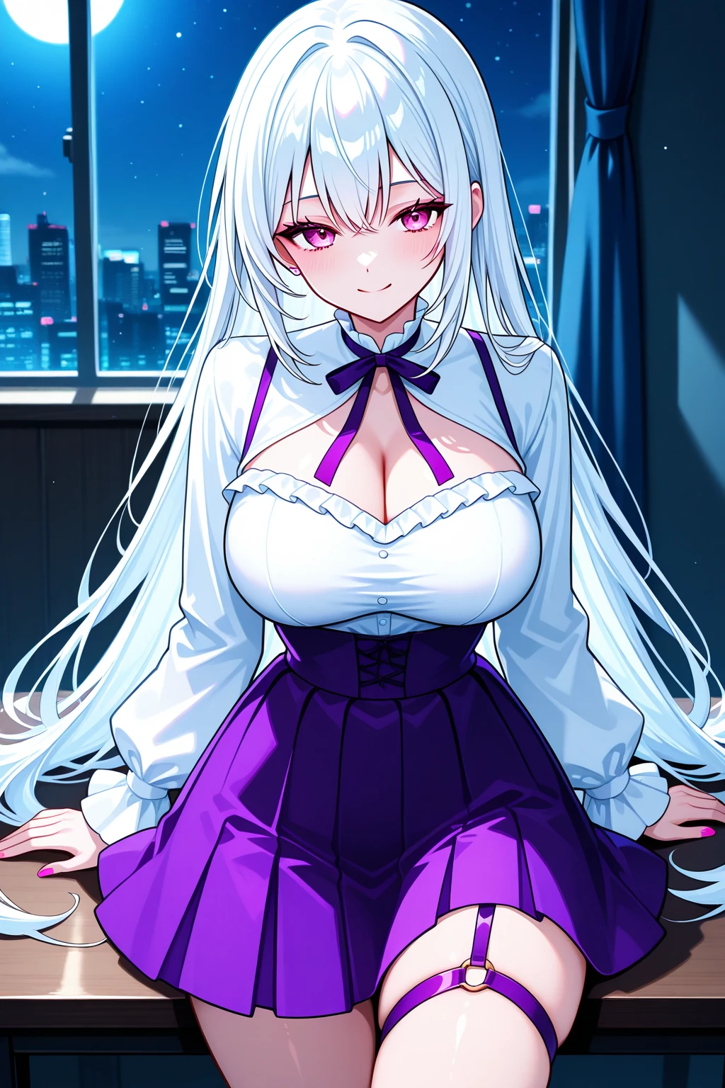 A girl,long eyelashes, Beautiful lip detail, beautiful face, Very detailed, masterpiece, 4k, anime, interior, Magical Girl Fantasy, Full body shot, Long hair, White hair, red choker, purple bow tie, White shirt, with black skirt, Open your legs, astride, barefoot, big breasts, blush, (shot from below), pussyfocus, ((vagina photo)), ((camel toe))