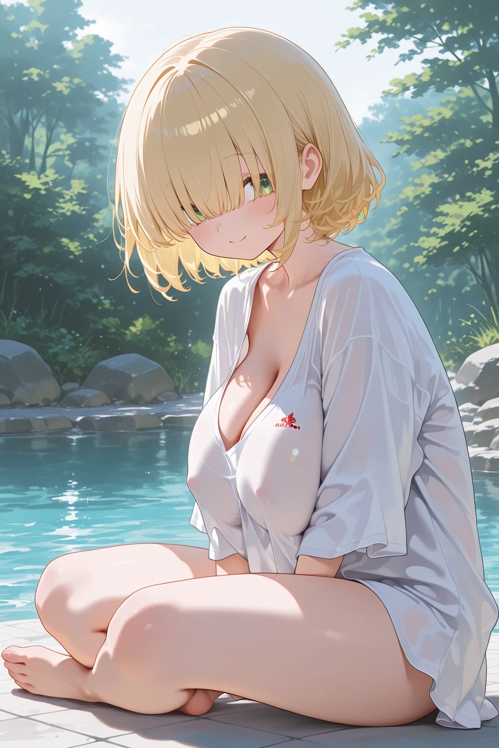 1girl, nsfw,okita, yellow eyes, blonde hair, short hair, ahoge, hair bow, black bow, large Breasts, nsfw, nipple, naked, empty eyes ,Abandoned amusement park, frozen, Wet, crying ,crying, Naked, , (1girl) solo, Peeing, lactation, projectile lactation、, RIVER,