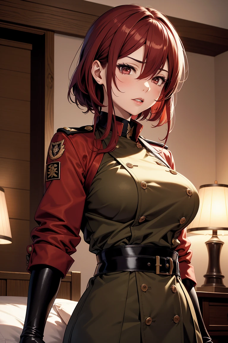 1 girl, red hair, (((very muscular))), ((big breasts)), ((thicck tights)), ((wearing military outfit)), Shaved hair on the left side, Patchwork, strong arms