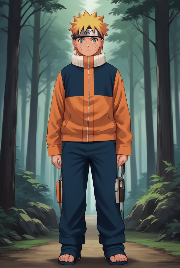 Naruto Uzumaki in a fierce and defiant stance, eyes glowing with determination, standing in the middle of a dark forest. The left half of his body is transforming into the Nine-Tailed Fox (Kurama), made entirely of flowing, fiery energy. The flames ripple with motion and emit a vivid orange-red light that illuminates the surrounding trees. His ninja outfit is partially torn by the transformation, and nine blazing tails rise and swirl behind him like liquid fire. Scattered leaves swirl through the air due to the force of his chakra. The atmosphere is intense and dramatic, with bold shadows and high contrast lighting. Highly detailed anime style, dynamic action lines, vibrant colors, cinematic composition, ultra-HD.
